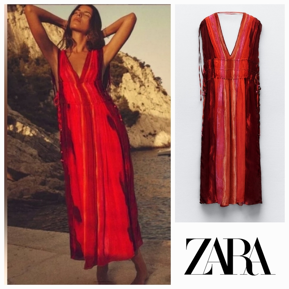 Red Maxi Dress By ZARA Multicolor Tie Dye Deep V-Neck Ruched Sleeveless Dress